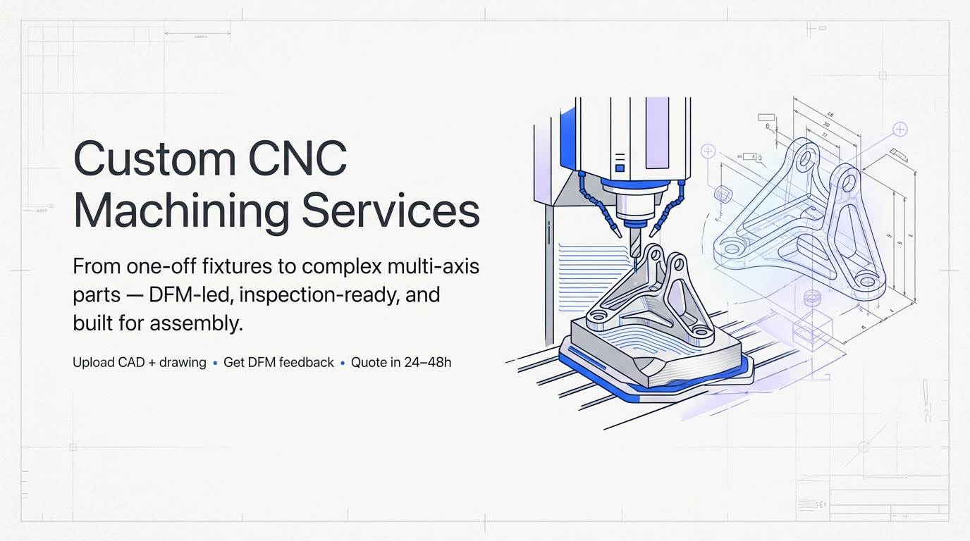 Custom CNC machining services hero graphic: CNC machining a complex part with CAD overlay