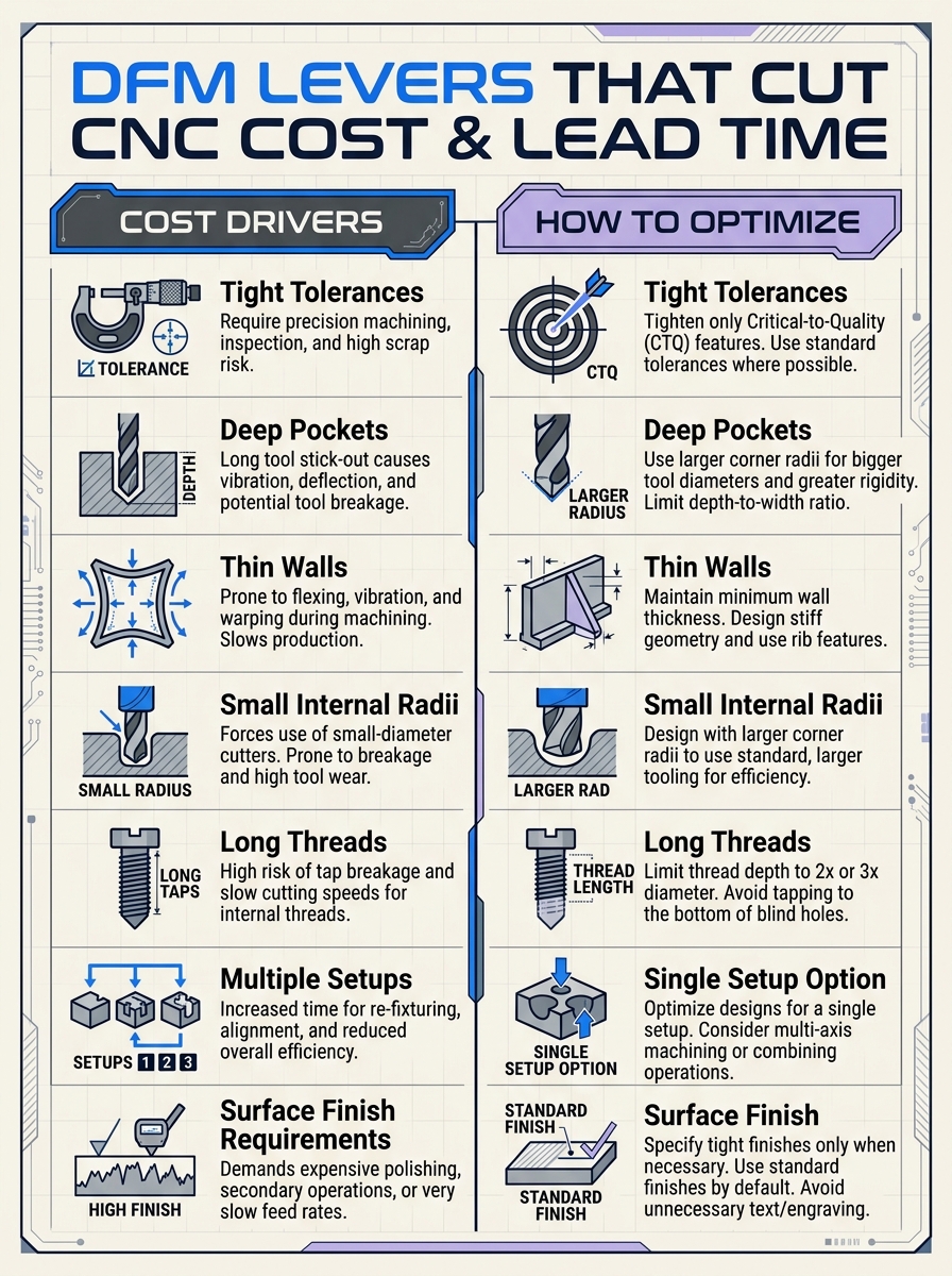 DFM levers that cut CNC cost and lead time infographic