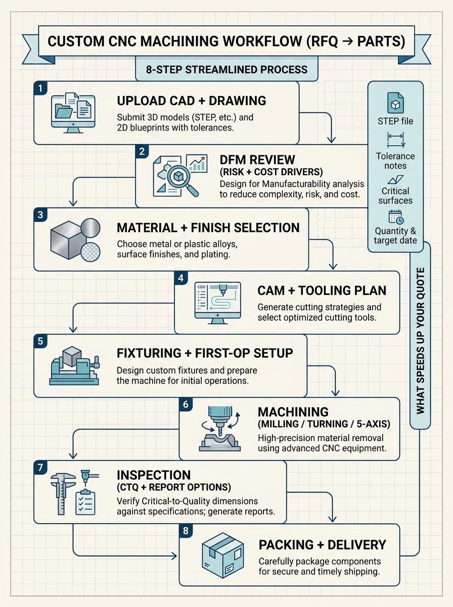 Custom CNC machining workflow infographic: RFQ to parts