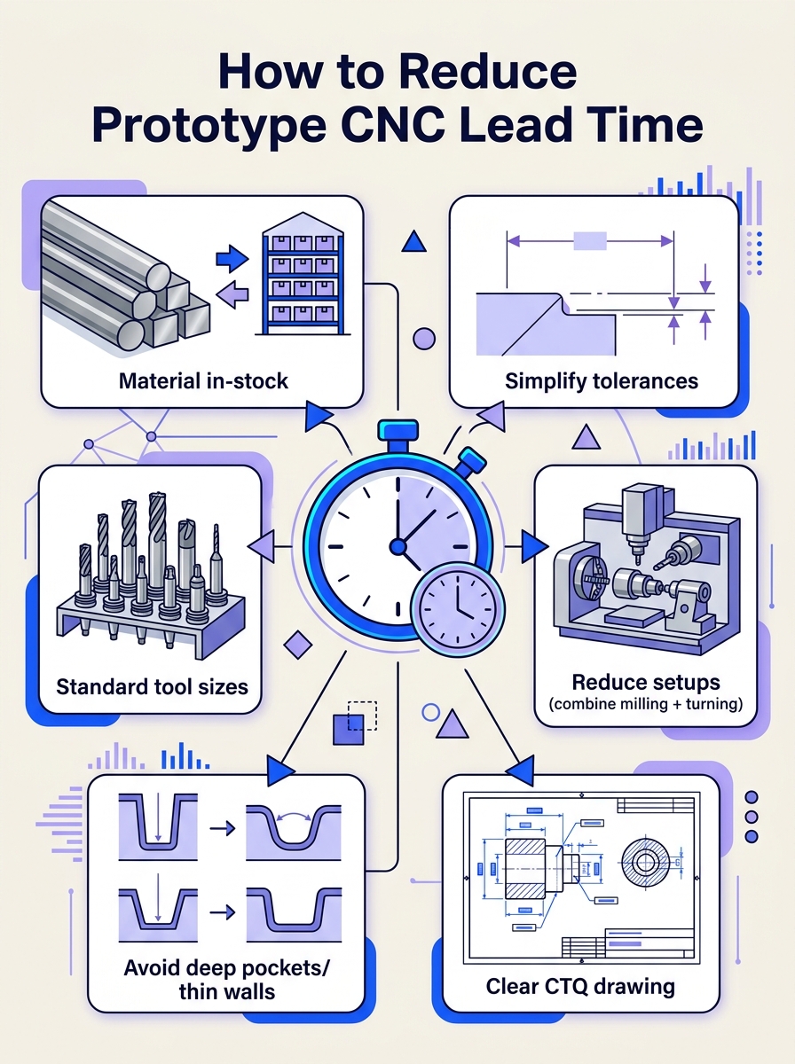 Infographic: how to reduce prototype CNC lead time via in-stock materials, simplified tolerances, standard tools, fewer setups, avoid deep pockets, clear CTQ drawings