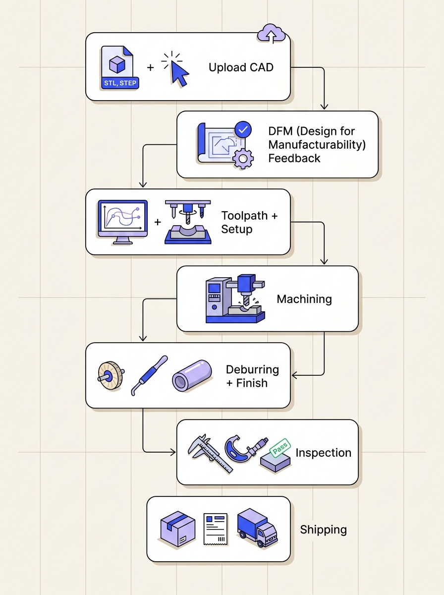 Prototype CNC machining workflow diagram: Upload CAD, DFM feedback, toolpath and setup, machining, finishing, inspection, shipping